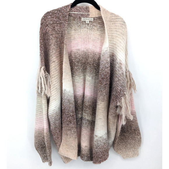 Frye Sweaters - Frye & Co Cardigan Womens XL Tan Pink Wool Blend Knit Aztec Fringe Sweater NWT